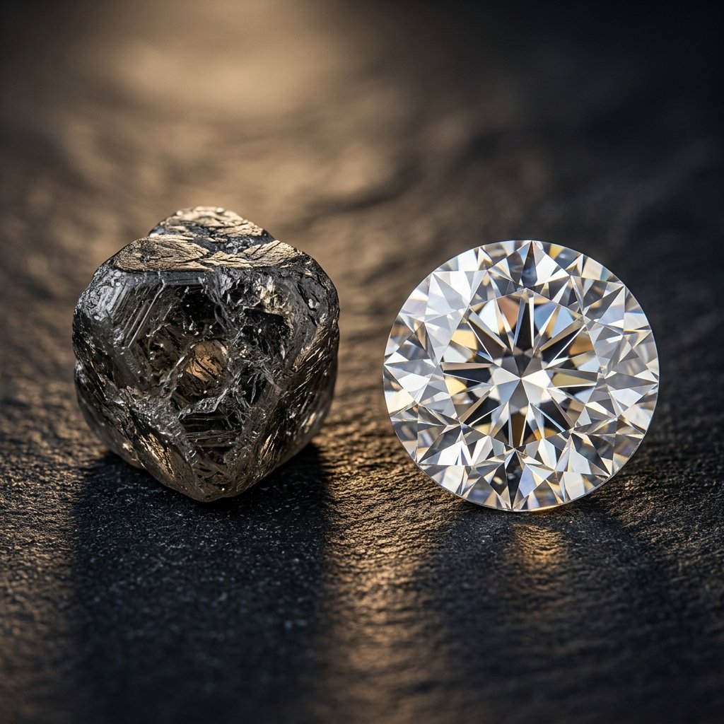 Natural rough diamond alongside a precision-polished round brilliant cut stone — the Dwarkesh Diamond transformation